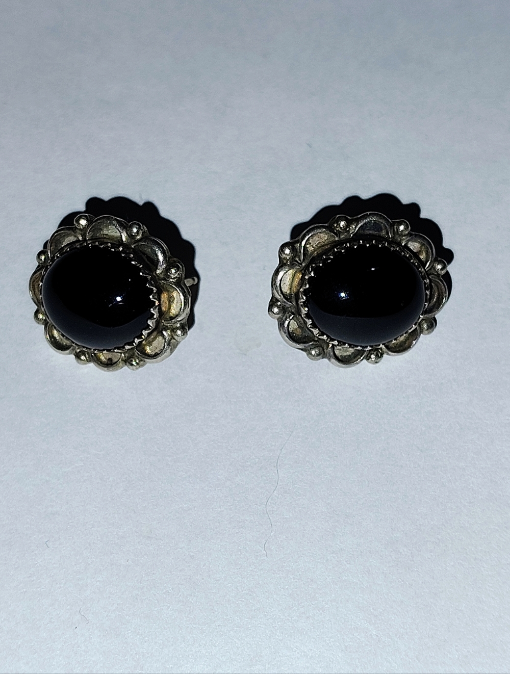 Black Onyx Sterling Silver Floral Stud Earrings